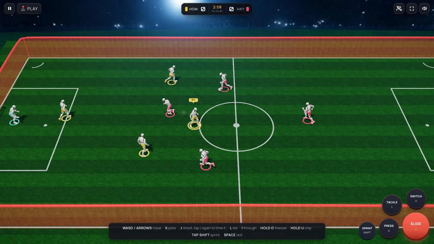 Action Play: a 3D five-a-side match with the sprint, press, tackle, switch and slide buttons on screen