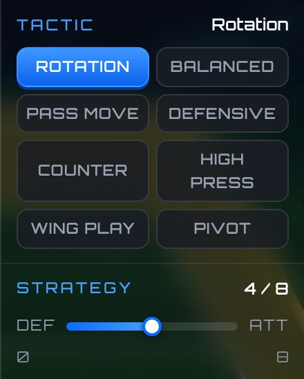 The tactic drawer: eight tactics and a strategy slider from defensive to attacking
