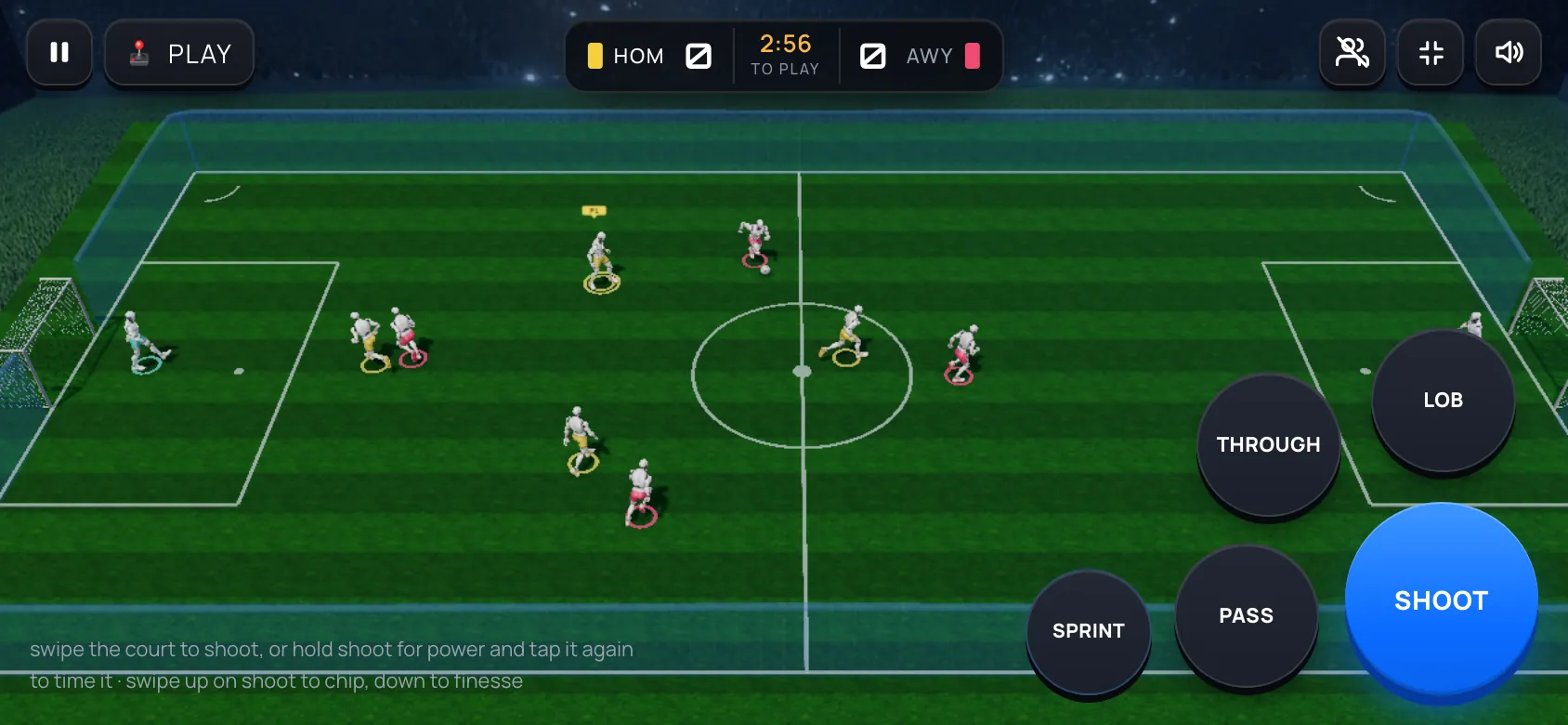 A live Fusion FC match on a phone held sideways: the pitch, the score pill and the Shoot, Pass, Through, Lob and Sprint pads under the thumb