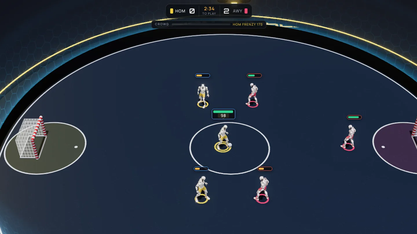 Fusion Rumble: bots with hull bars over their heads in a circular boarded ring, with the crowd meter in frenzy at the top