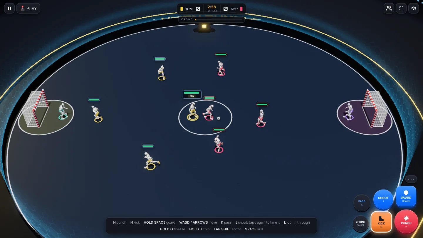 The Fusion Rumble ring: five bots a side, a goal at each end and the hull bars above each bot