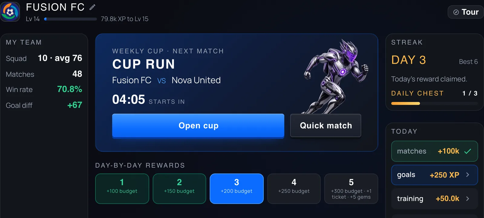 The Fusion FC home hub with the next cup match, a countdown, the day streak and today's tasks