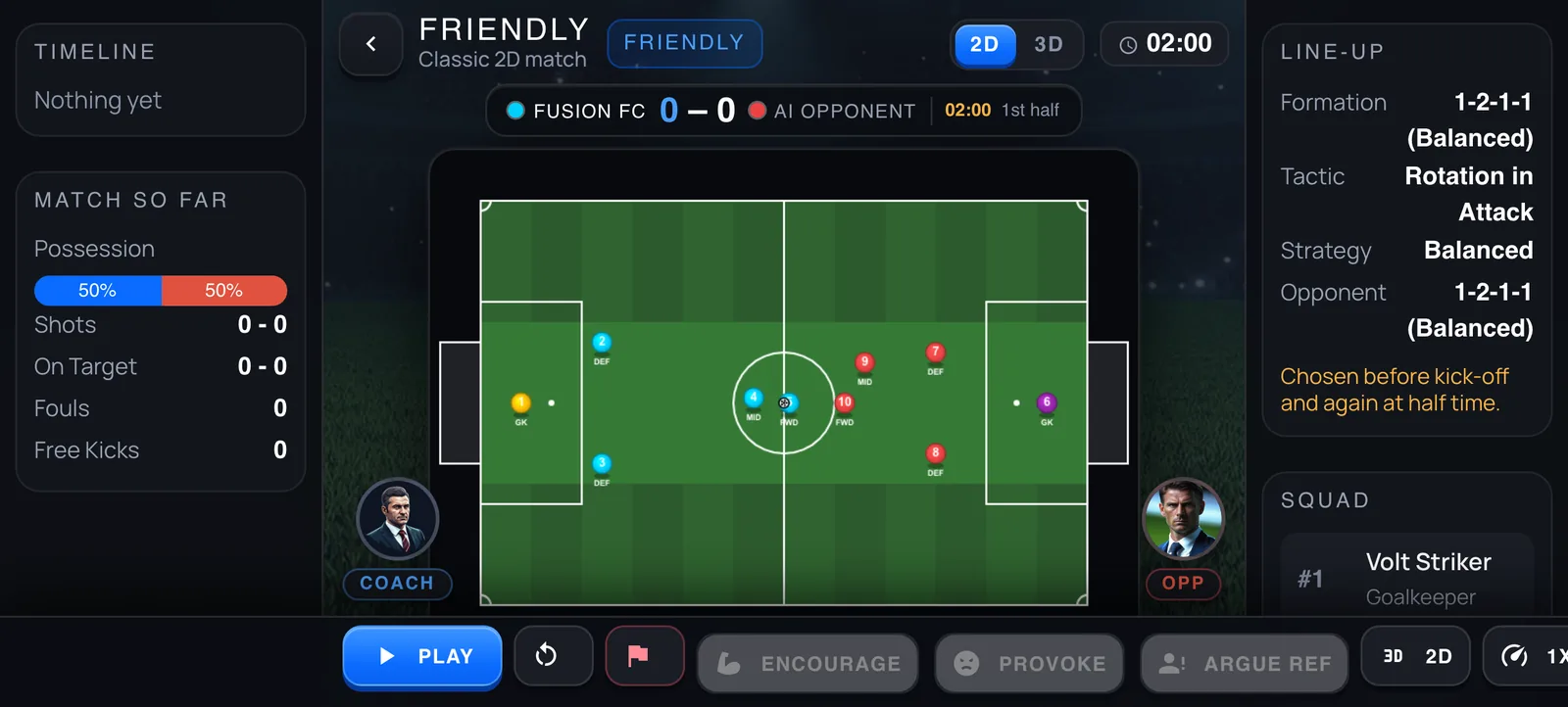 Classic 2D: a top-down friendly with the line-up, timeline and match stats either side of the pitch