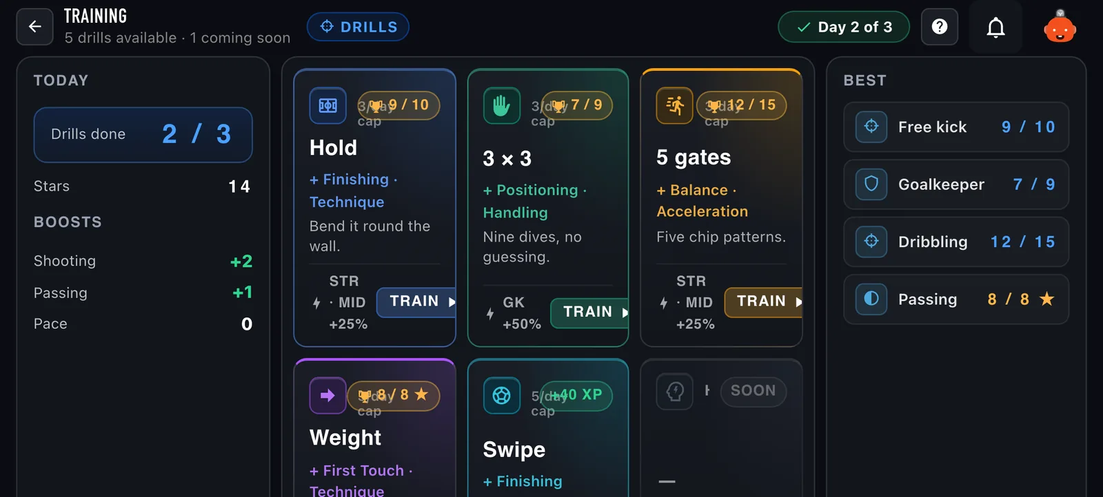 The training hub with today's drills, your stars and boosts, and your best score in each drill